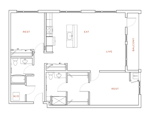 Floor plan for 2 beds, 2 baths, 1300 sqft